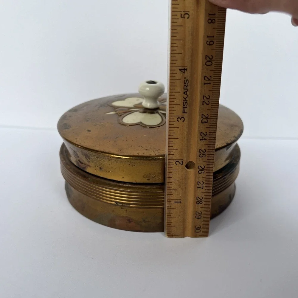 VTG Brass Powder Jar Heart Enamel Lid Glass Insert Vanity Trinket Box Glass Knob